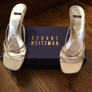 Stuart Weitzman white peau de soie heeled sandals sz 8.5B